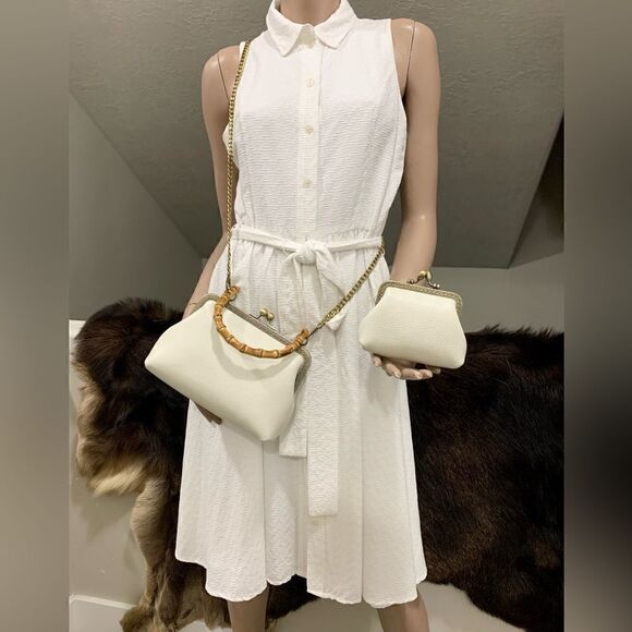 Handsewn Genuine Pebble Leather Real Bamboo Handle Bag - Picture 5 of 13